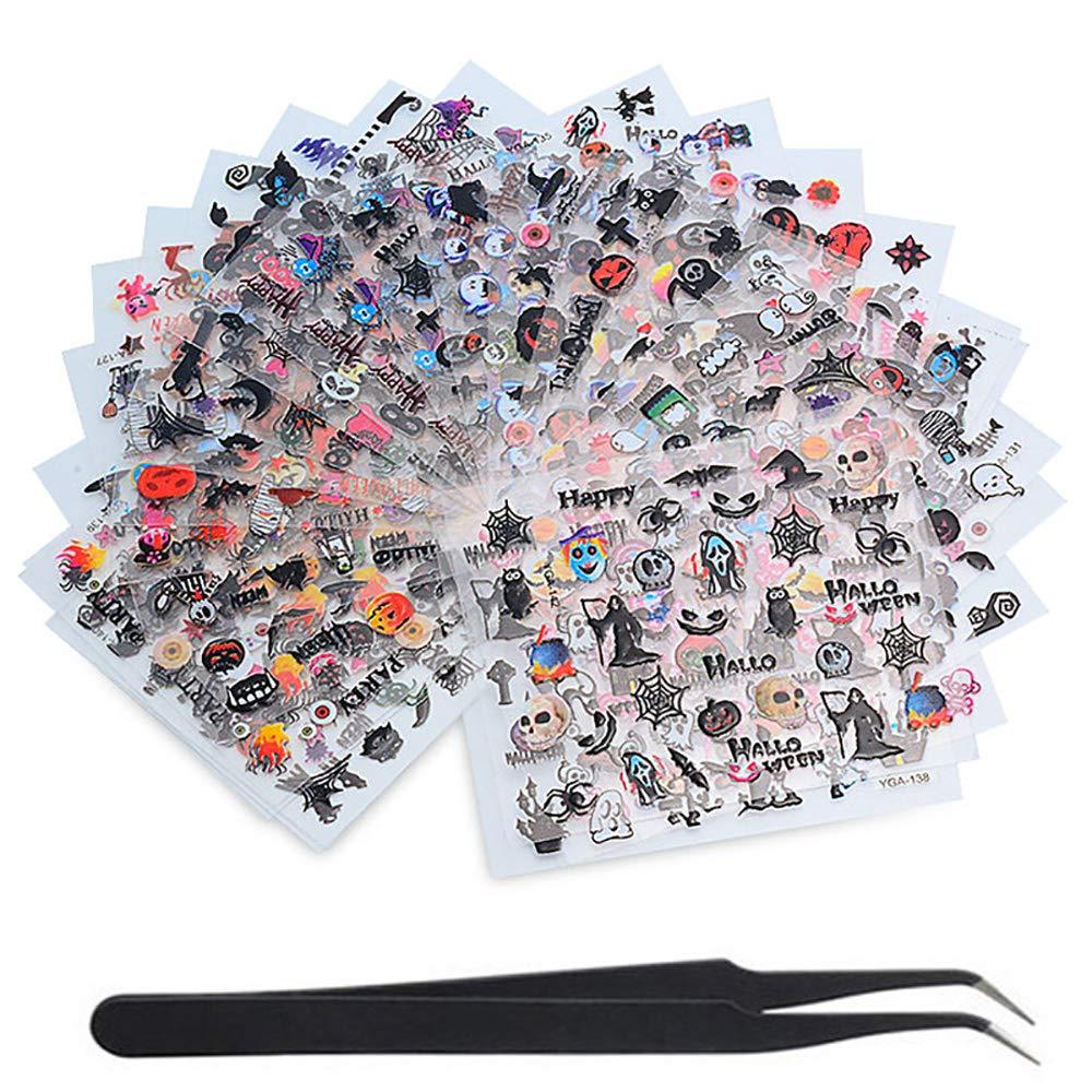 WOKOTO 24Pcs Halloween 3d Nail Adhesive Decals Nail Art Decoration Accessory With 1 Pcs Tweezers Manicure Sticker Kit - BeesActive Australia