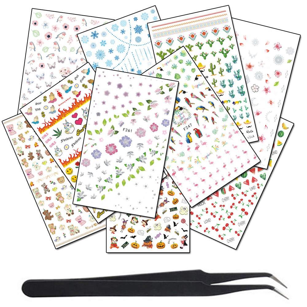 WOKOTO 10 Pieces 3D Nail Self-Adhesive Decals Stickers With 1Pcs Tweezers Halloween Snowflake Flower Bird Nail Art Stickers Tips Manicure Kit - BeesActive Australia