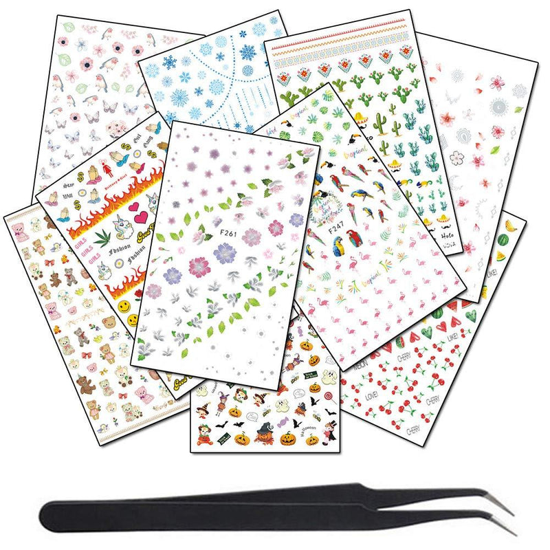 WOKOTO 10 Pieces 3D Nail Self-Adhesive Decals Stickers With 1Pcs Tweezers Halloween Snowflake Flower Bird Nail Art Stickers Tips Manicure Kit - BeesActive Australia