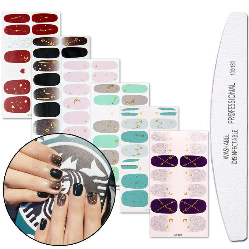 WOKOTO 6 Sheets Shine Nail Wraps Polish Decal Strips With 1Pcs Nail File Golden Glitter Adhesive Nail Art Stickers Manicure Kits - BeesActive Australia