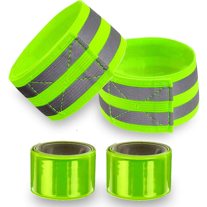 Reflective Bands for Wrist, Arm, Ankle, Leg. High Visibility Reflective Gear for Night Walking, Cycling and Running. Safety Reflector Tape Straps. Very Large Reflective Surface Area Green - 4 Bands - BeesActive Australia