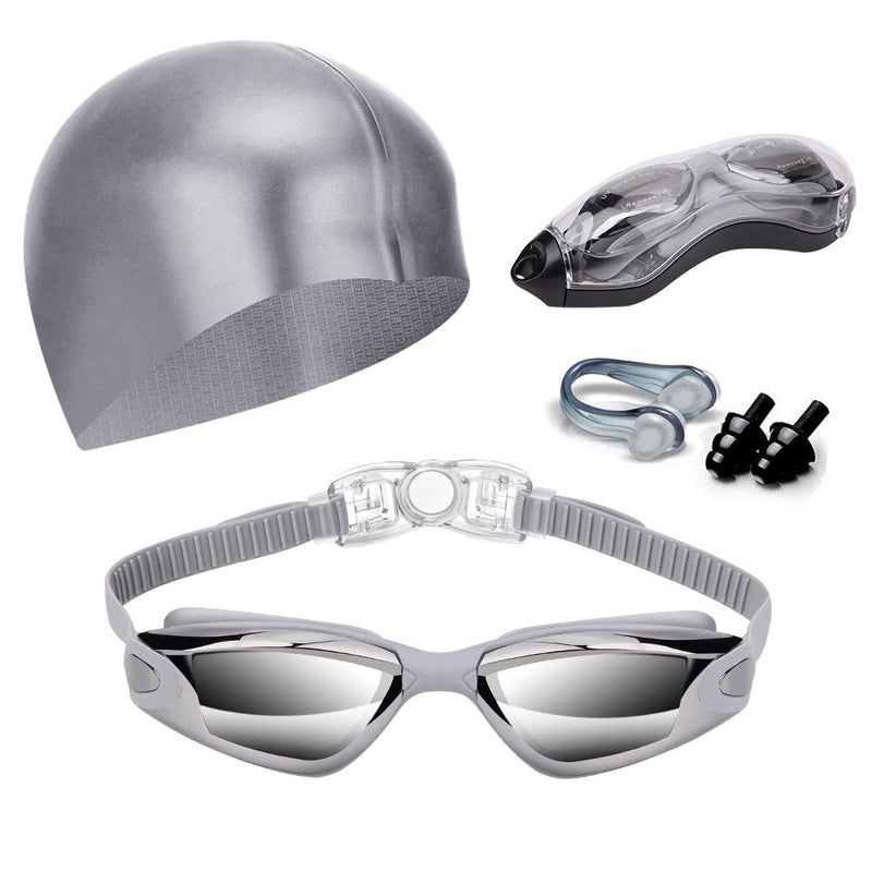 Swim Goggles Swimming Goggles No Leaking with Nose Clip, Earplugs and Case Grey - BeesActive Australia