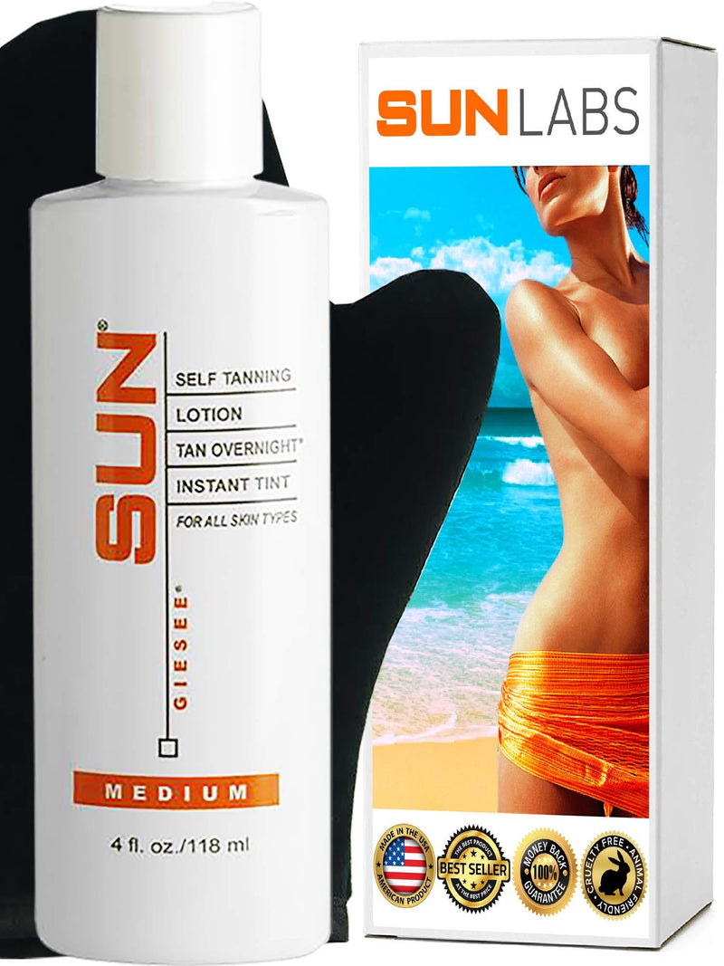 Sun Laboratories Overnight Self Tanning Lotion 4 oz + Mitt | Medium | Natural Self Tanner Sunless Bronzer (Packaging May Very) 4 Ounce - BeesActive Australia
