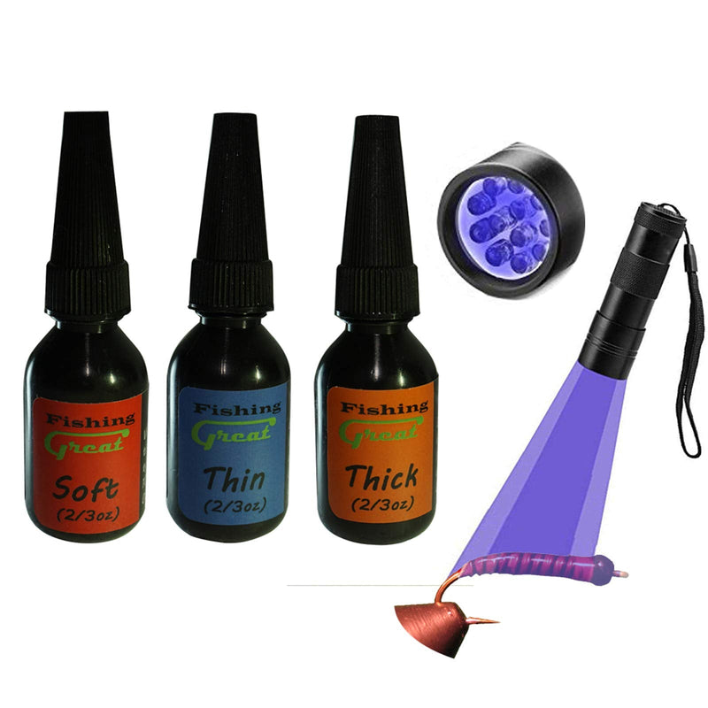 GREATFISHING Fly Tying UV Clear Glue and Power Light Combo Three Bottles Thick Thin and Soft +12 LED Light for Building Flies Heads Bodies Wings and Gluing Eyes three uv glue combo - BeesActive Australia