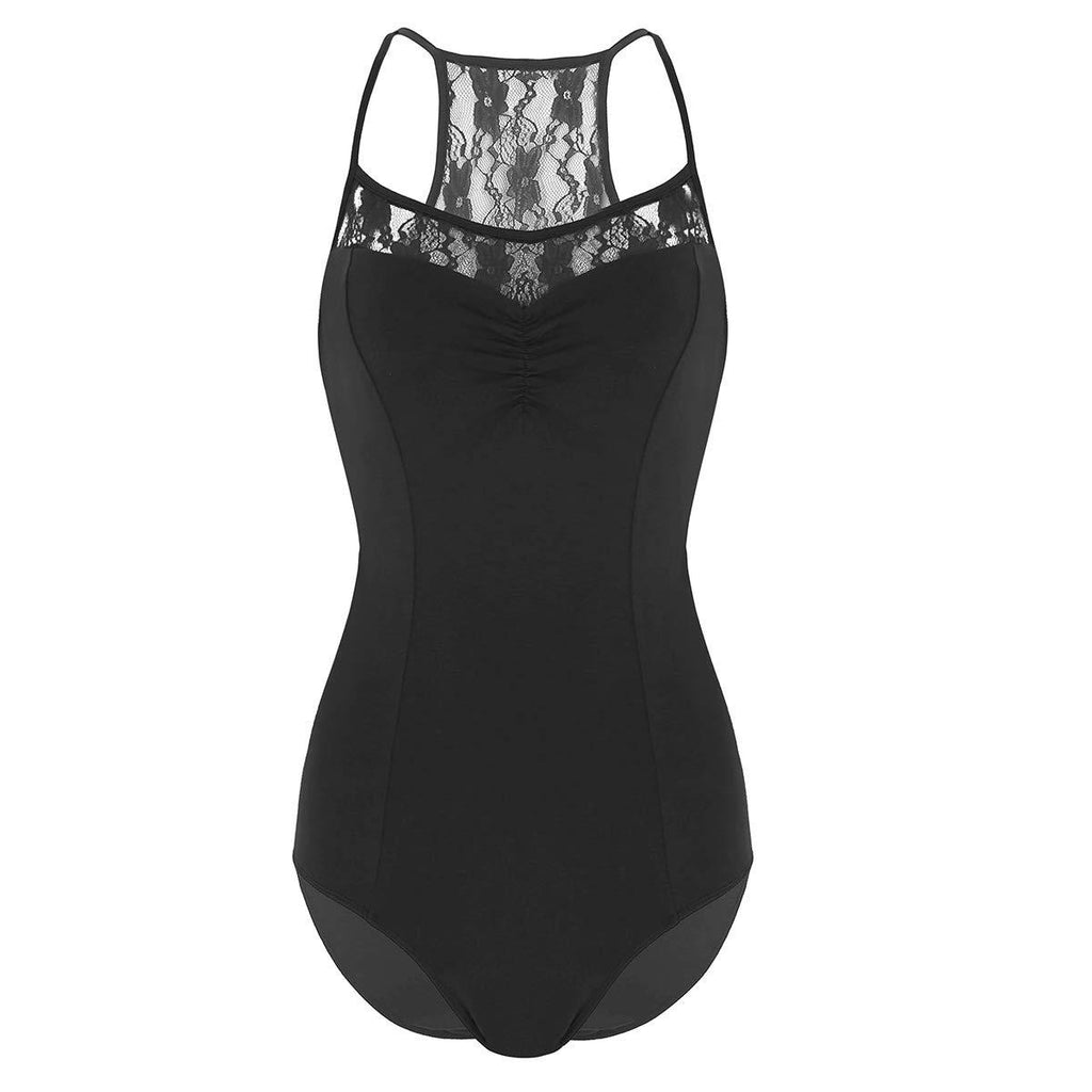 [AUSTRALIA] - iiniim Women's Camisole Spaghetti Straps Leotard Ballet Dance Criss Cross Lace Back Bodysuit Medium Black 