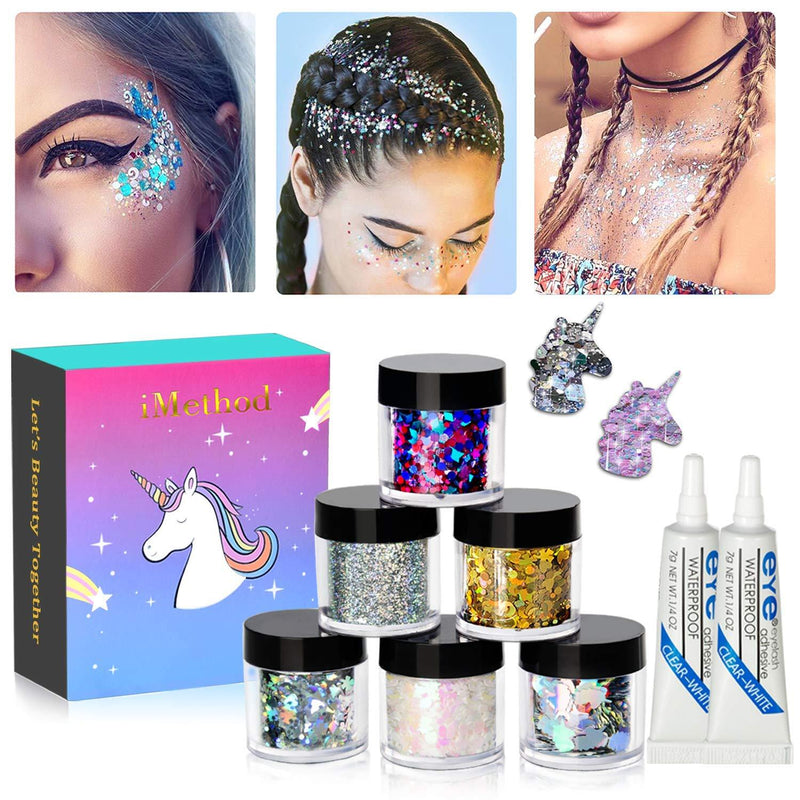 iMethod Body Glitter - 6 Jars Holographic Cosmetic Face Glitter, for Festival & Halloween Alien Makeup - BeesActive Australia