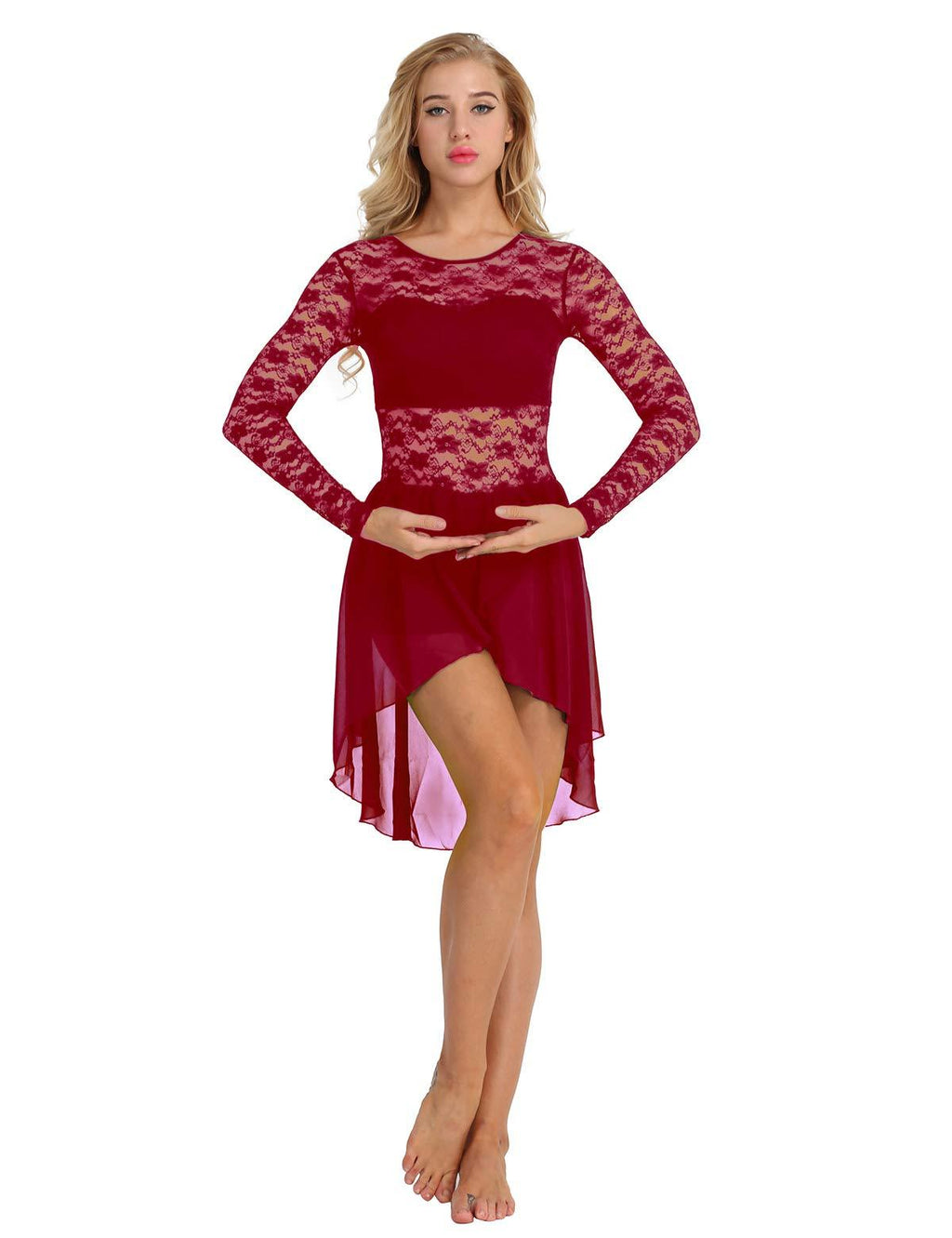 [AUSTRALIA] - iiniim Women Floral Lace High-Low Leotard Dance Dress Lyrical Modern Contemporary XX-Large Burgundy 