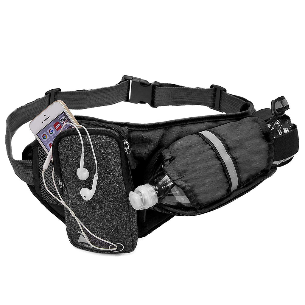 [AUSTRALIA] - Athlé Running Belt – Horizontal Water Bottle Pouch, Large Fanny Pack Pocket Fits All Phones and Wallet, Adjustable One Size Fits All Waist Band, Key Clip, 360° Reflective Black 