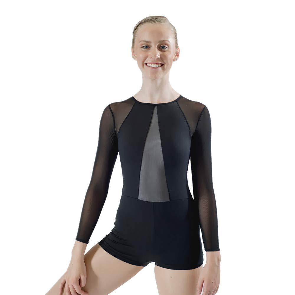 [AUSTRALIA] - HDW DANCE Women's Dance Biketard Long Sleeve Mesh V Front Jazz Gymnastics Bodysuit Black X-Large 