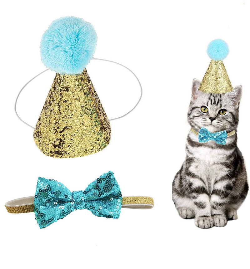 Christmas Pet Party Jazz Hat and Blingbling Bow Tie Breakaway Collar Set, Adjustable Headband for Kitten Puppy Small Dogs Cats 01 Light Blue - BeesActive Australia