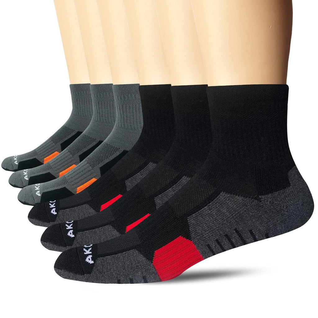 AKOENY Men's Athletic Quarter Ankle Socks for Walking Running Work (6 Pack) Black/Grey 9-12 - BeesActive Australia