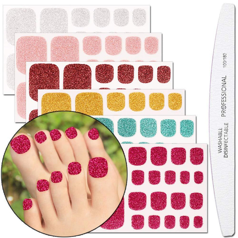 WOKOTO 6 Sheets Adhesive Toenail Art Polish Decals With 1Pcs Nail File Glitter Nail Wraps Sticker Strips Manicure Kits For Women - BeesActive Australia