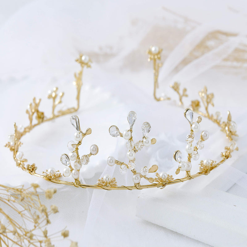Edary Wedding Rhinestones Crowns Bridal Crystal Tiara Pearl Headpiece Gold Hair Accessories for Brides and Bridesmaids - BeesActive Australia