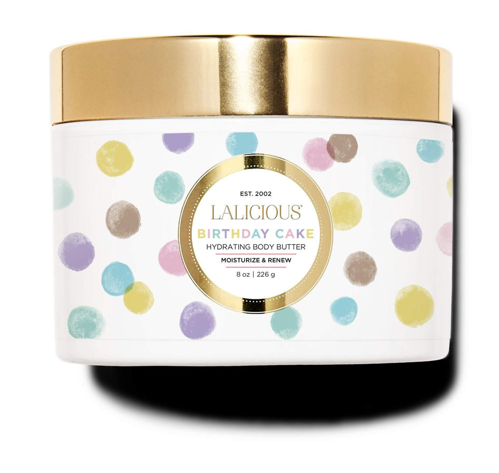 LALICIOUS Birthday Cake Shimmering Body Butter - Hydrating Body & Skin Moisturizing Cream with Whipped Shea Butter, Vitamin E, Cucumber Extract & Apricot Oil - No Parabens (8 Ounces) 8 Ounce (Pack of 1) - BeesActive Australia