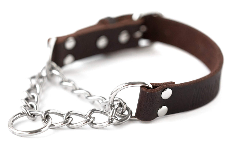 Mighty Paw Leather Training Collar, Martingale Collar, Stainless Steel Chain - Premium Quality Limited Chain Cinch Collar. Medium Brown - BeesActive Australia