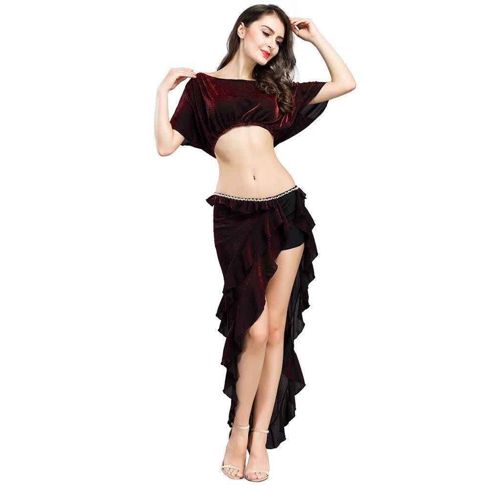 [AUSTRALIA] - ROYAL SMEELA Belly Dance Costume Set for Women Dancing Skirts Belly Dance Tops Bat Sleeve Triangle Hip Skirt Carnival Outfit Jujube Red 