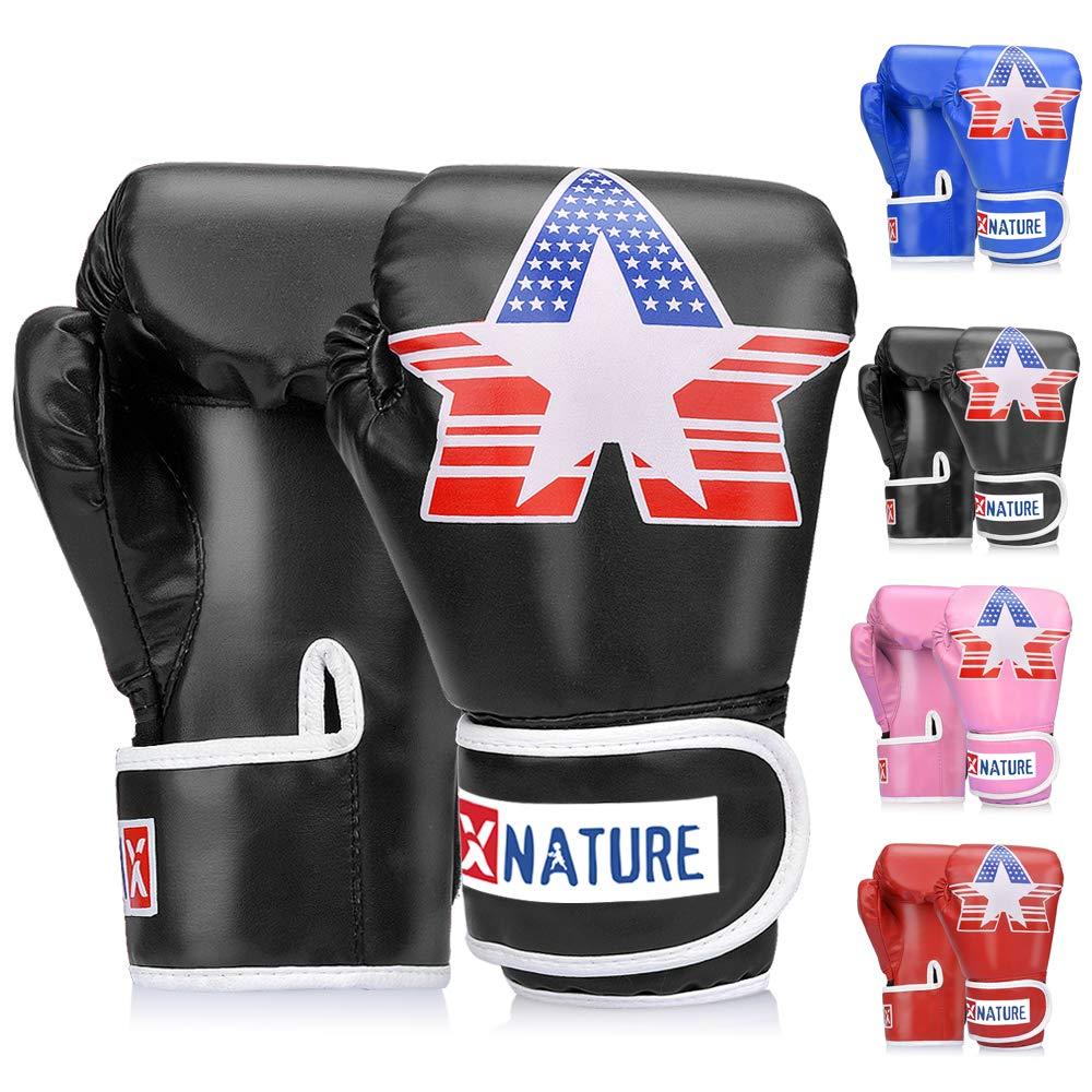 [AUSTRALIA] - Xnature 4oz 6oz 8oz PU Kids Boxing Gloves,Gift Box Children Kickboxing Sparring Youth Boxing Or Training Gloves Age 5-12 Years for Christmas and Birthday Present Black Boxing Gloves 