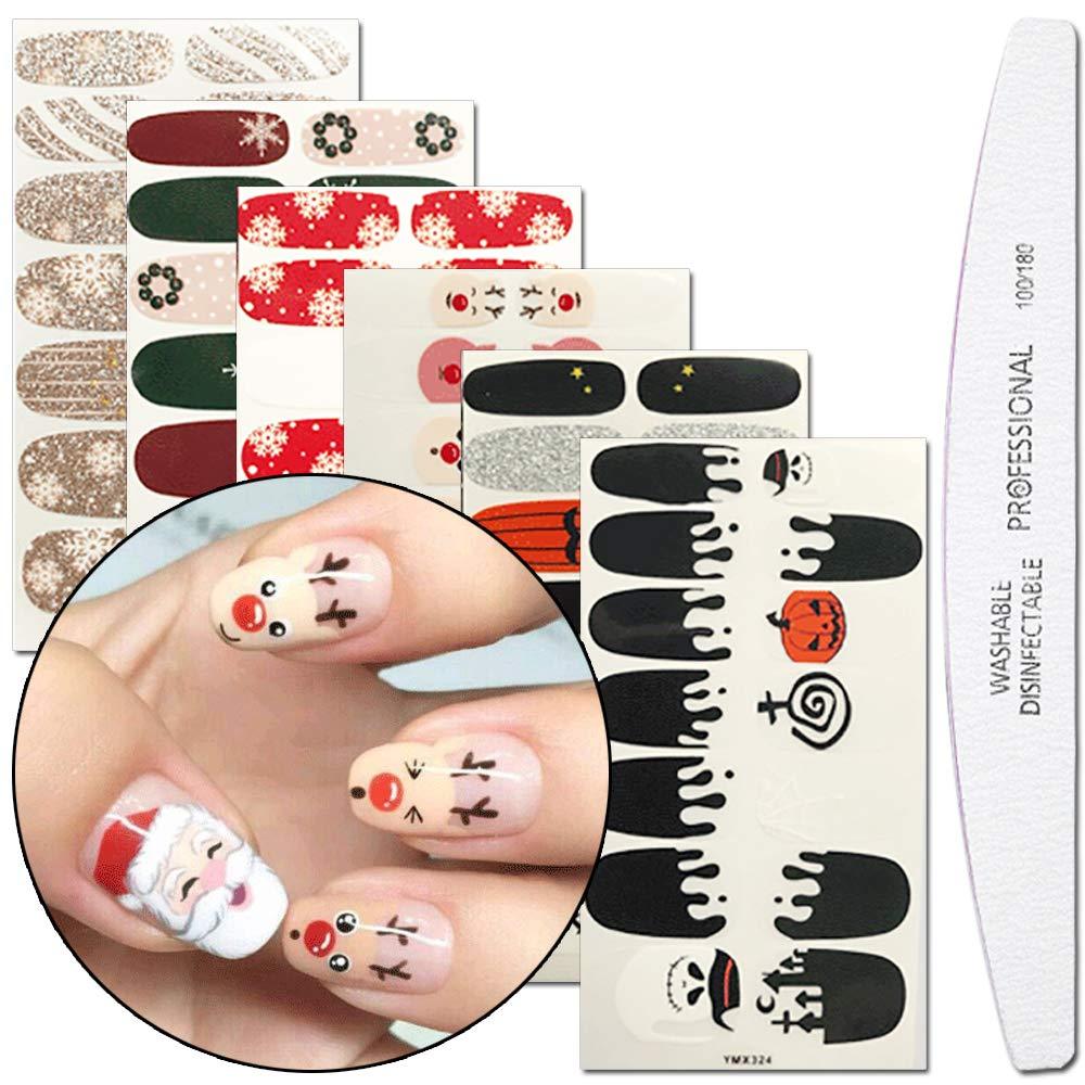 WOKOTO 6 Sheets Nail Art Adhesive Polish Stickers Wraps Tips With 1Pcs Nail File Christmas Halloween Manicure Decal Kits - BeesActive Australia