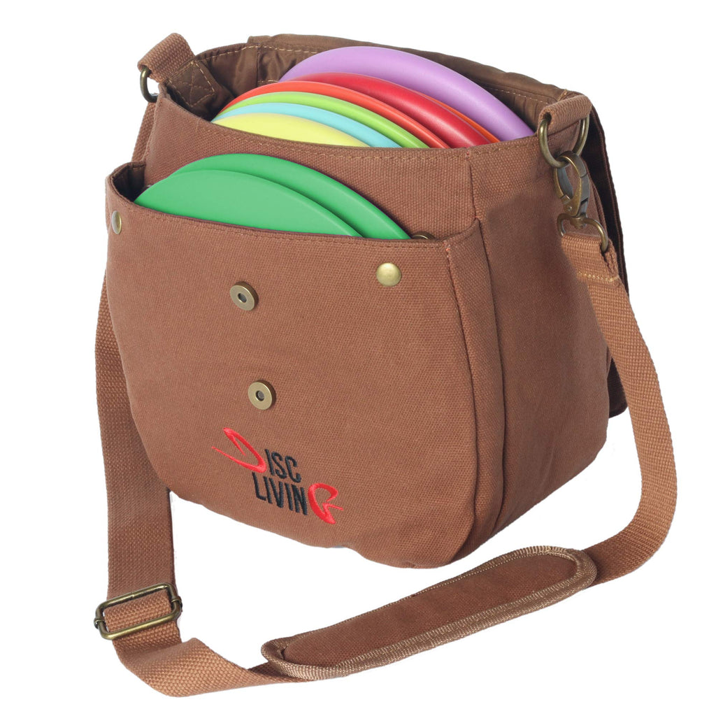 [AUSTRALIA] - Disc Living Disc Golf Bag | Frisbee Golf Bag | Lightweight Fits Up to 10 Discs | Belt Loop | Adjustable Shoulder Strap Padding | Double Front Button Design | Bottle Holder Waxed Canvas - Brown 