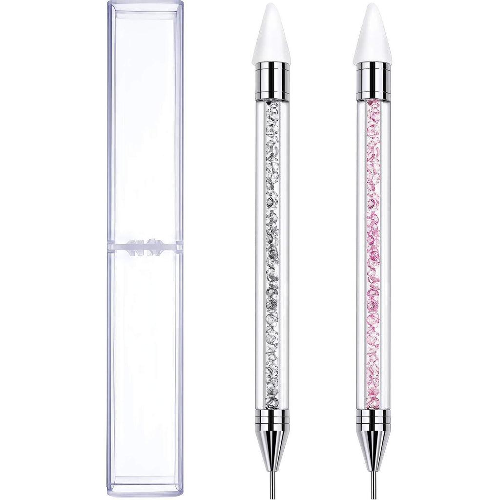 2 Pieces Rhinestone Picker Dotting Pen, Dual-ended Rhinestone Gems Crystals Studs Picker Wax Pencil Pen Crystal Beads Handle Manicure Nail Art DIY Decoration Tool (Pink White) Pink White - BeesActive Australia