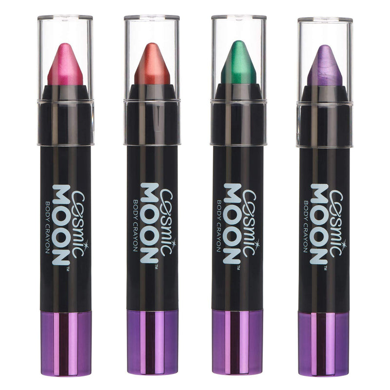Cosmic Moon - Metallic Face Paint Stick/Body Crayon makeup for the Face & Body - 0.12oz - Easily create metallic designs like a pro! - Set of 4 colours - Includes: Pink, Red, Green, Purple - BeesActive Australia