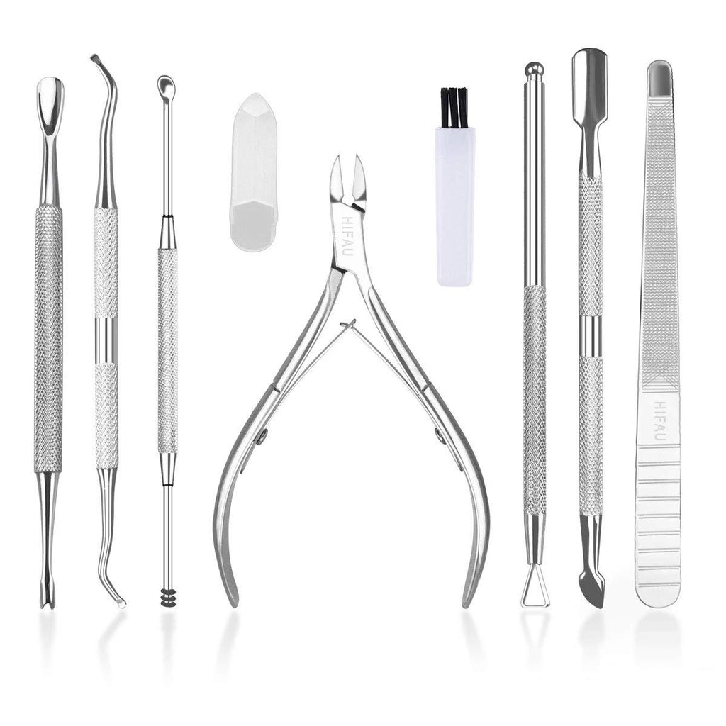 HIFAU 8PCS Premium Cuticle Nippers Pusher Manicure Tools Set, Professional Ingrown Toenail File, Cuticle Remover Trimmer Cutters Tool Gel Nail Art Kit, Stainless Steel, Travel, Gift - BeesActive Australia