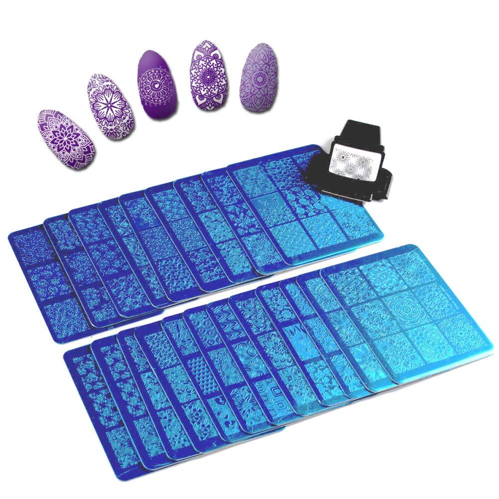 FingerAngel 20 Nail Stamping Plates + 1 Stamper and Scraper Lace Flower Pattern Nail Art Stamp Stamping Template Image Plate Kit(B1-20) A-FingerAngel B001-020 - BeesActive Australia