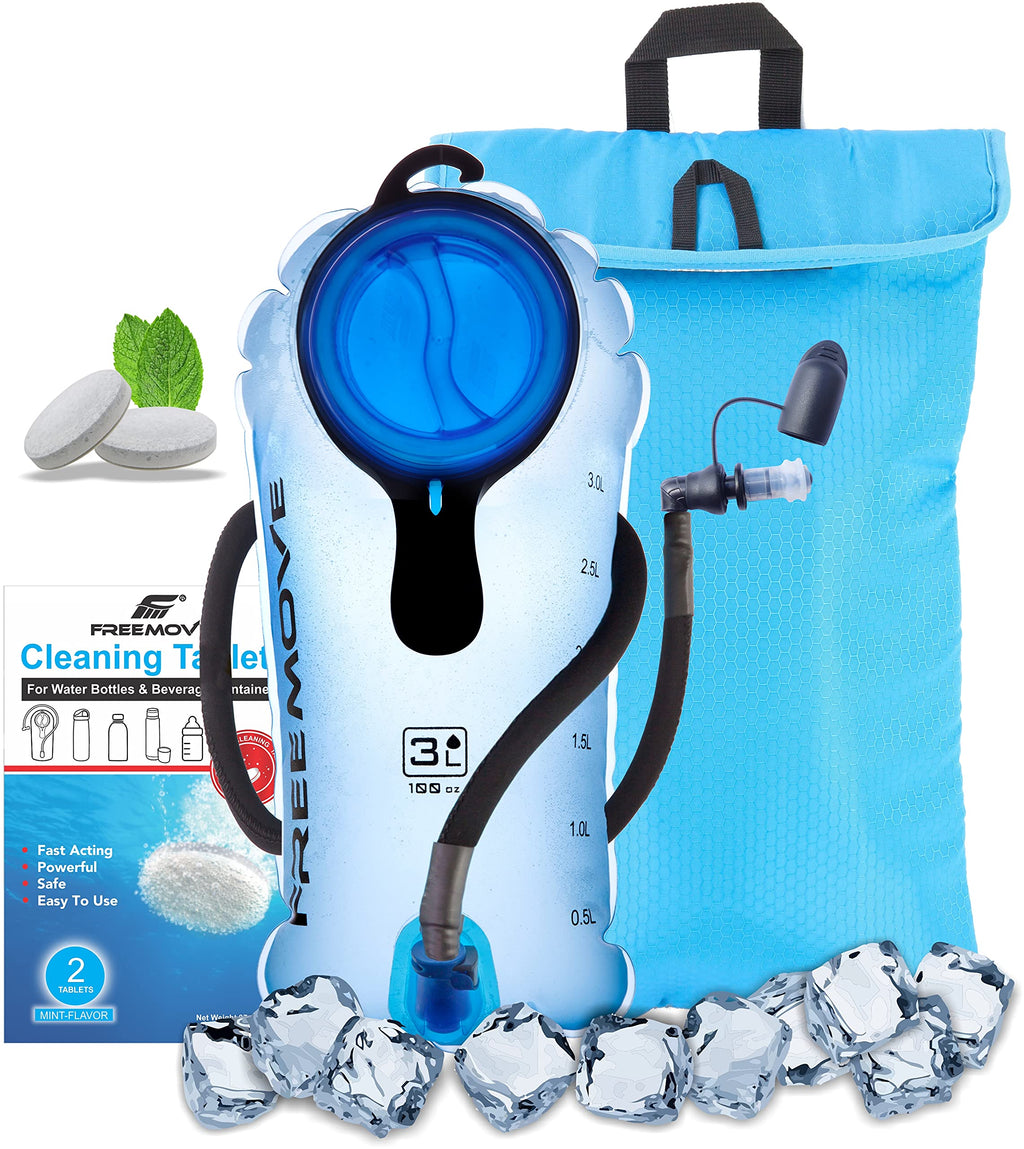 FREEMOVE Hydration Pack with 2L or 3L Water Bladder & Cooler Bag > Keeps Drink Cool & Protects Bladders > Camelback Water Reservoir for Hydration Backpack, Tasteless & BPA Free, Premium TPU Material with Quick Release Tube & Shutoff Valve 3L Blue - BeesActive Australia