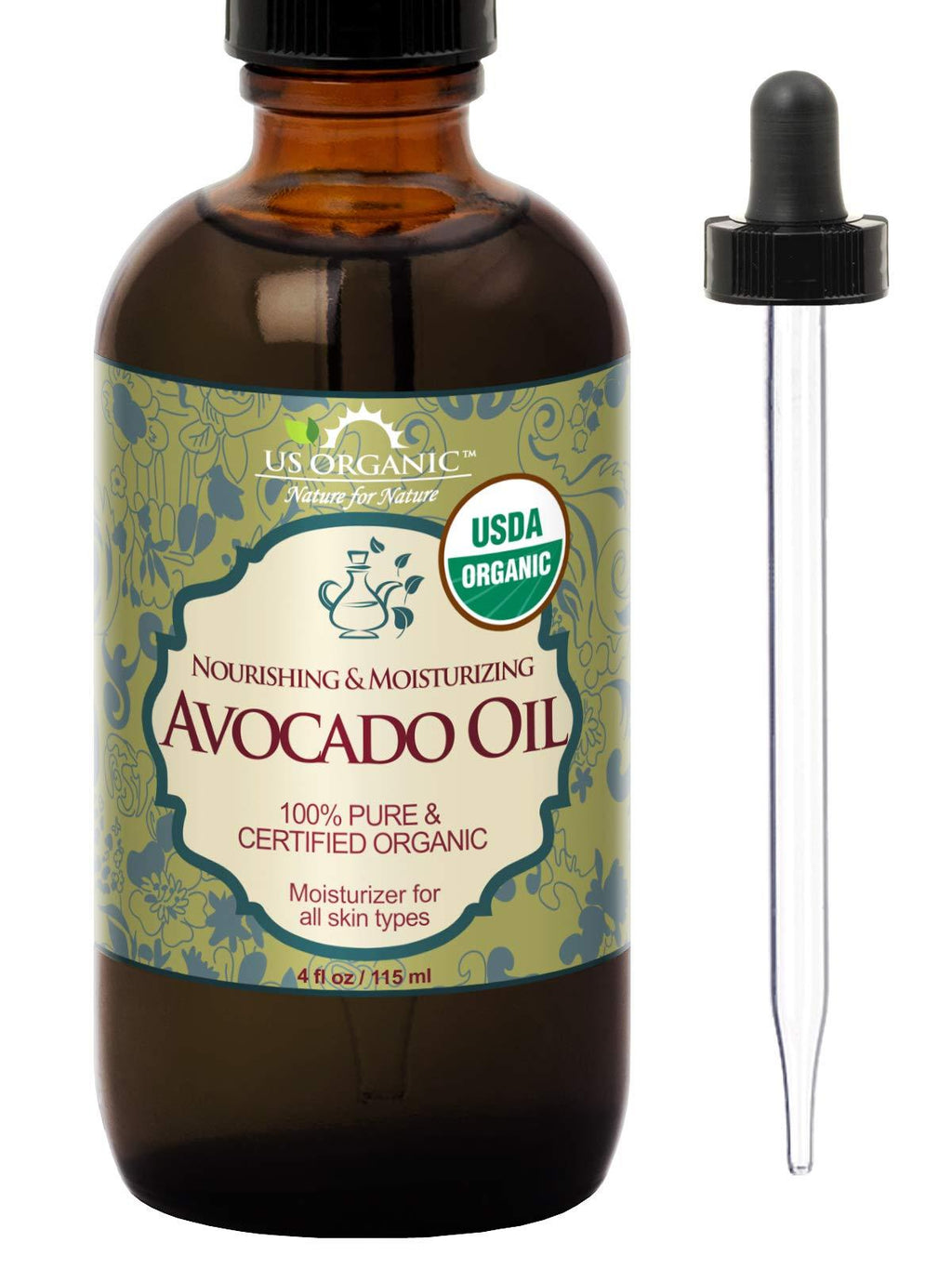 US Organic Avocado Oil Unrefined Virgin, USDA Certified Organic, 100% Pure & Natural, Cold Pressed, in Amber Glass Bottle w/Glass Eye dropper for Easy Application (4 oz (Large)) 4 Fl Oz (Pack of 1) - BeesActive Australia