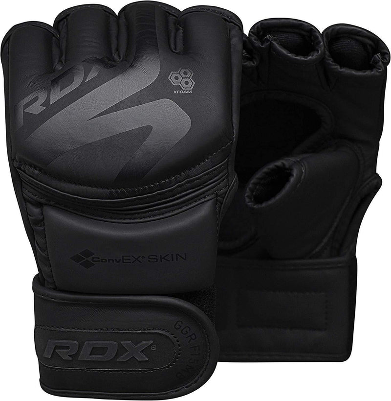 [AUSTRALIA] - RDX MMA Gloves for Sparring Martial Arts | Open Palm Matte Black Convex Skin Leather Grappling Mitts |Good for Cage Fighting, Punching Bag, Muay Thai, Kickboxing & Combat Training Medium 