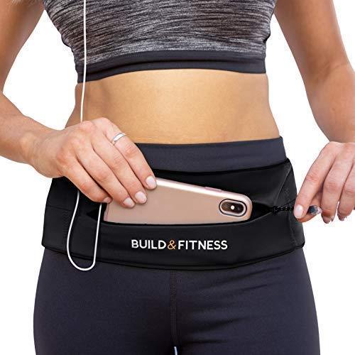 [AUSTRALIA] - Build & Fitness Zipper Running Belt – Adjustable Waist Pack, Slim, Comfortable with Key Clip – Fits all Phone models, Keys, Cards, Fuel GU's – Fits Men and Women – Run, Jog, Gym workout, Cycle, Hiking Black 