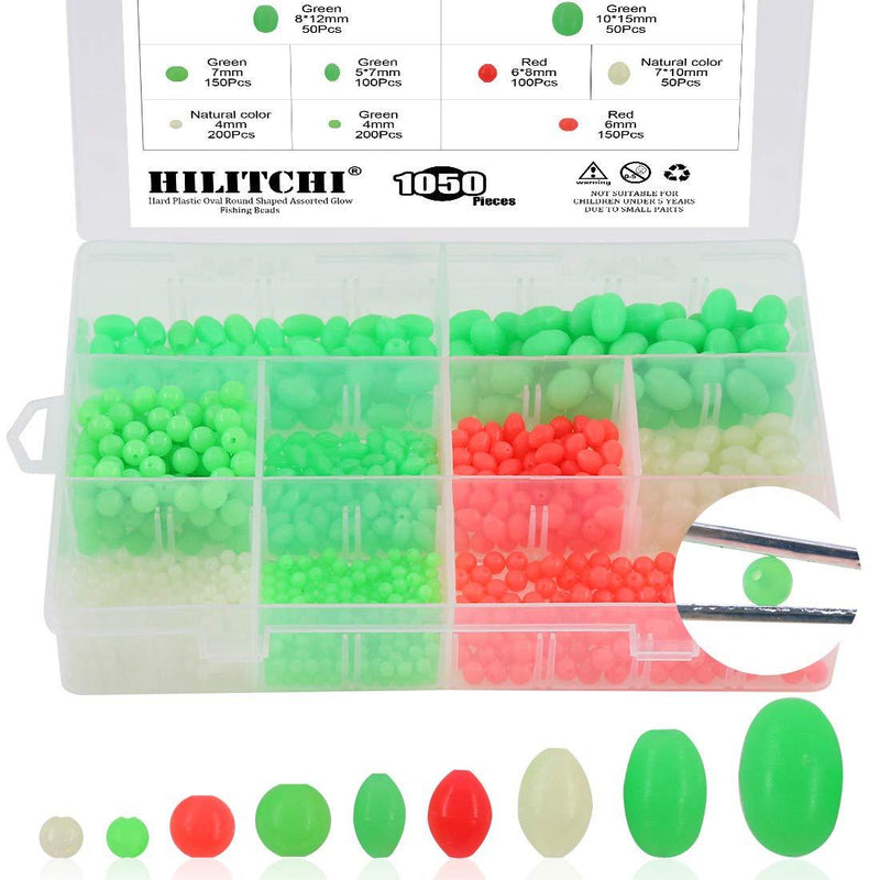 [AUSTRALIA] - Hilitchi 1050 Pcs 9 Sizes All Luminous Fishing Beads Assorted Hard Plastic Oval Round Shaped Glow Eggs for Stream Pool Lake River Fishing (All Glow in The Dark) 