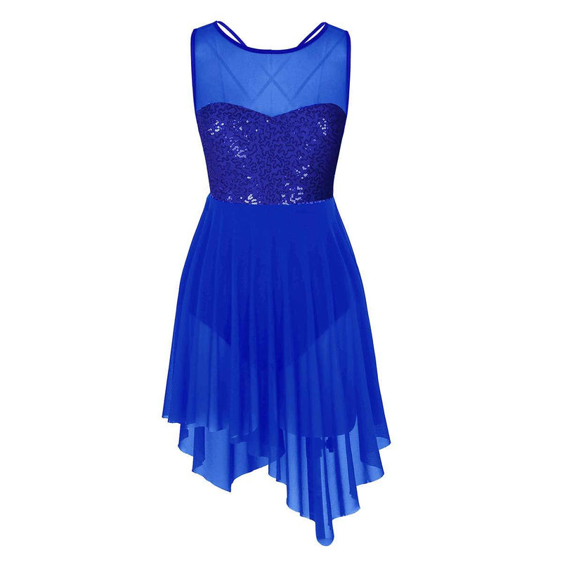 [AUSTRALIA] - Agoky Women's Illusion Mesh Sequined Lyrical Dance Costume Dresses Modern Contemporary High Low Skirted Leotard Blue Large 