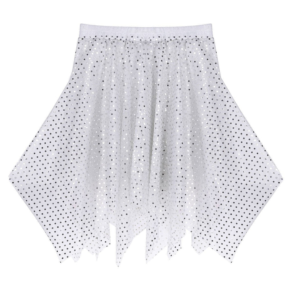 [AUSTRALIA] - Agoky Women's Glitter Polka Dots Chiffon Ballet Wrap Skirts Asymmetric Latin Dance Half Leotard Skirts Silver 