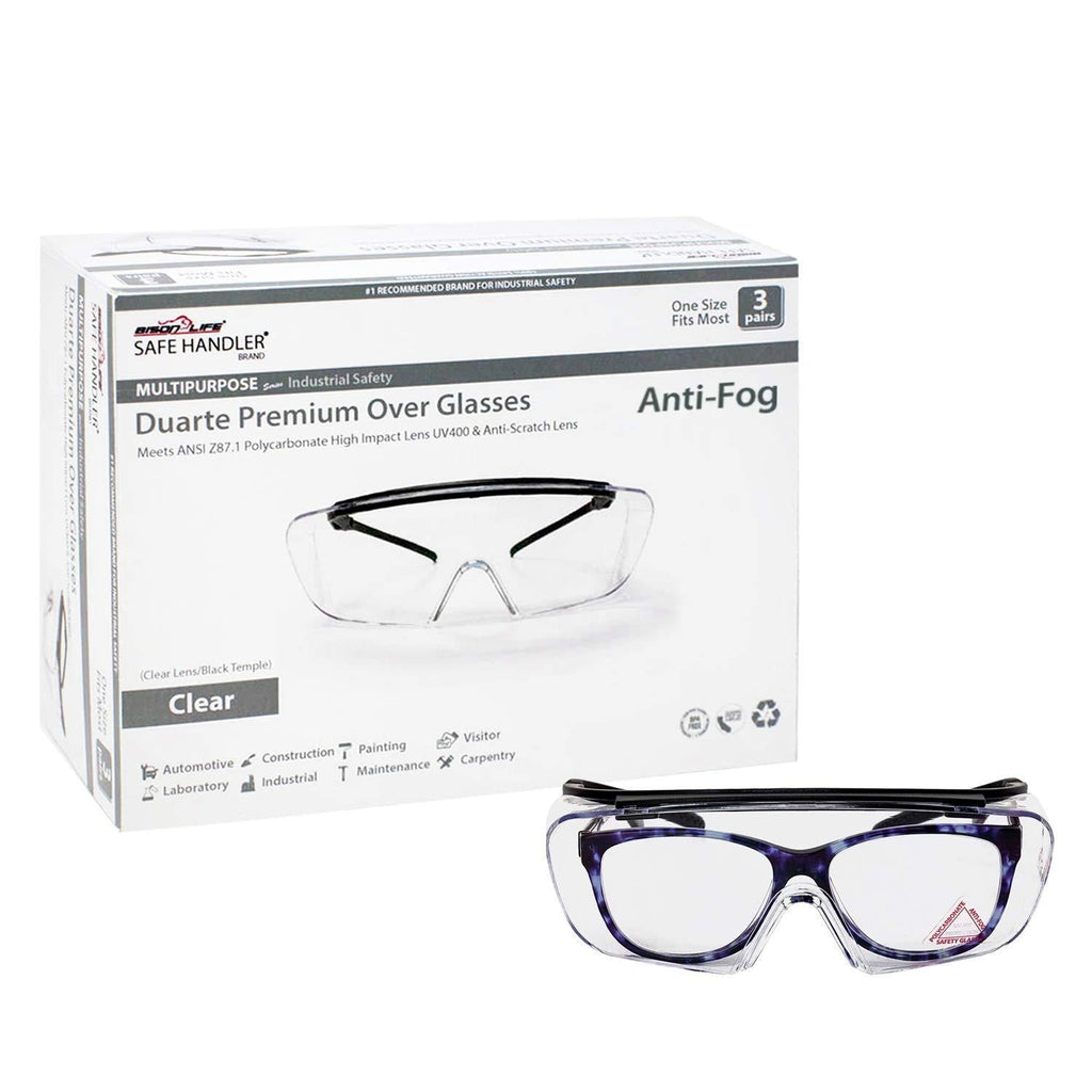 SAFE HANDLER Duarte Premium Over Glasses 3 PAIRS | ANSI Z87.1, Impact Resistant Polycarbonate Lens, UV400, Anti-Fog & Anti-Scratch, Box of 3 - BeesActive Australia