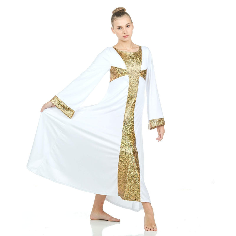 [AUSTRALIA] - Danzcue Praise Cross Long Sleeve Dress, White-Gold, L-XL-Adult 