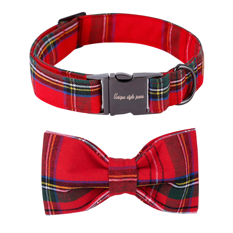 Unique style paws Dog Collar with Bow Tie & Flower Tie Girls Boys Summer Dog Collar for Small Medium Large Dogs with Adjustable Safety Metal Buckle for Summer Holiday Large (Pack of 1) RedPlaid - BeesActive Australia