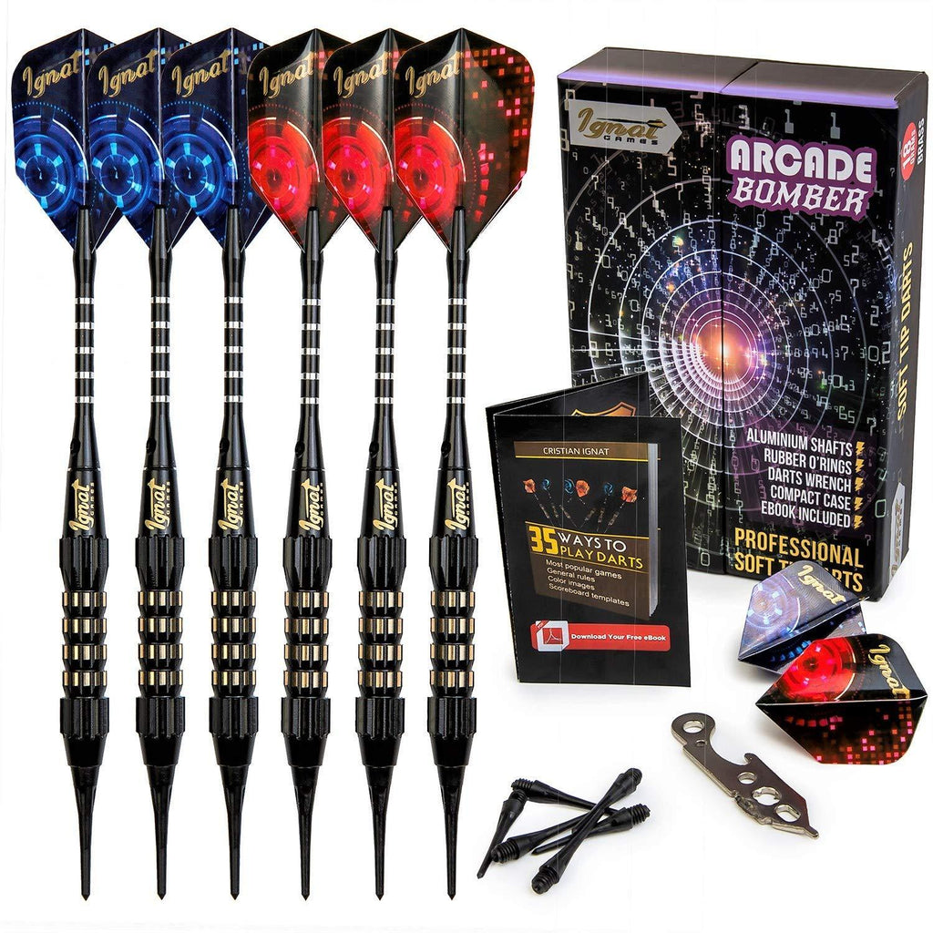 [AUSTRALIA] - IgnatGames Plastic Tip Darts Set - Soft Tip Darts for Electronic Dart Board - Aluminum Shafts with O'rings, Extra Tips and Extra Flights + Dart Wrench + Innovative Case 18g Arcade Bomber 