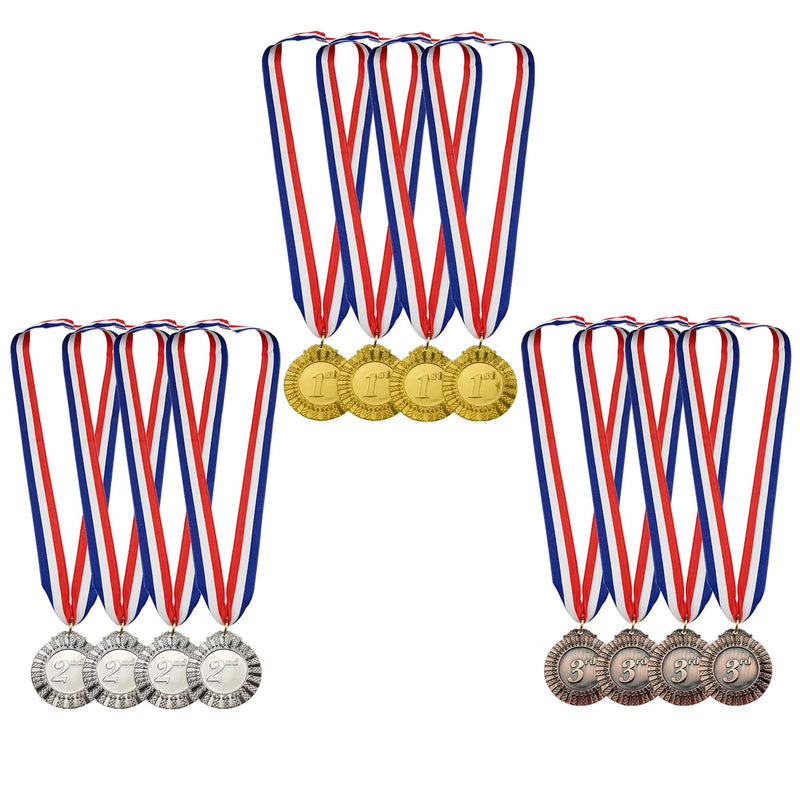 MOMOONNON 12 Pieces Metal Winner Gold Silver Bronze Award Medals Red White Blue Neck Ribbon, Olympic Style, 2 Inch - BeesActive Australia