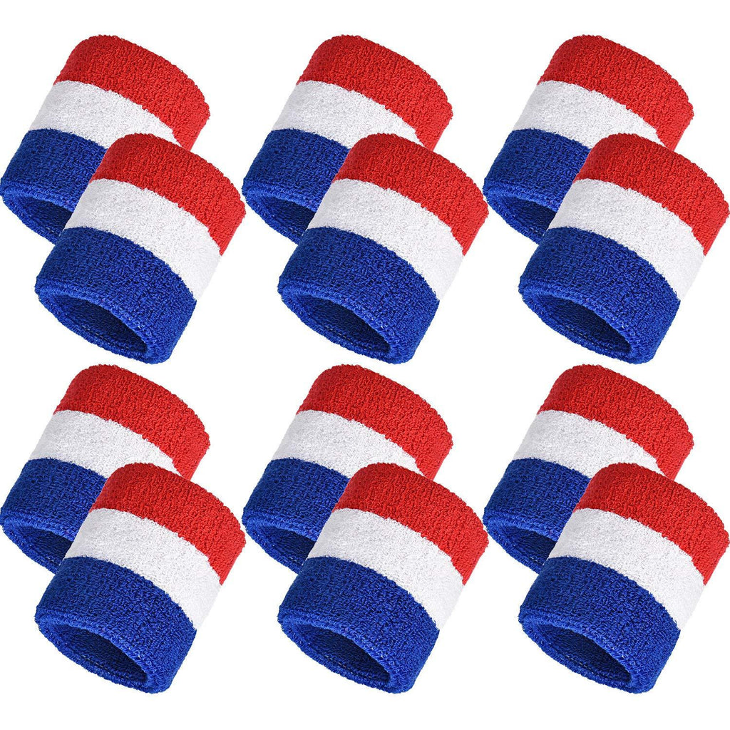 [AUSTRALIA] - Bememo 12 Pack Sweatbands Sports Wristband Cotton Sweat Band for Men and Women, Good for Tennis, Basketball, Running, Gym, Working Out Red White and Blue 