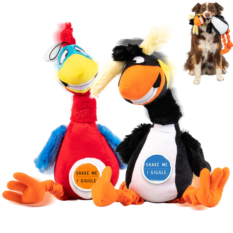 Pet Craft Supply Jiggle Giggle Dog Toys Funny Cute Giggling Sound Wiggly Shaking Tug Fetch Soft Chew Cuddle Plush Interactive Big Dog Toy for Medium to Large Breeds Multipack Boredom Relief Two Pack - Parrot & Puffin - BeesActive Australia