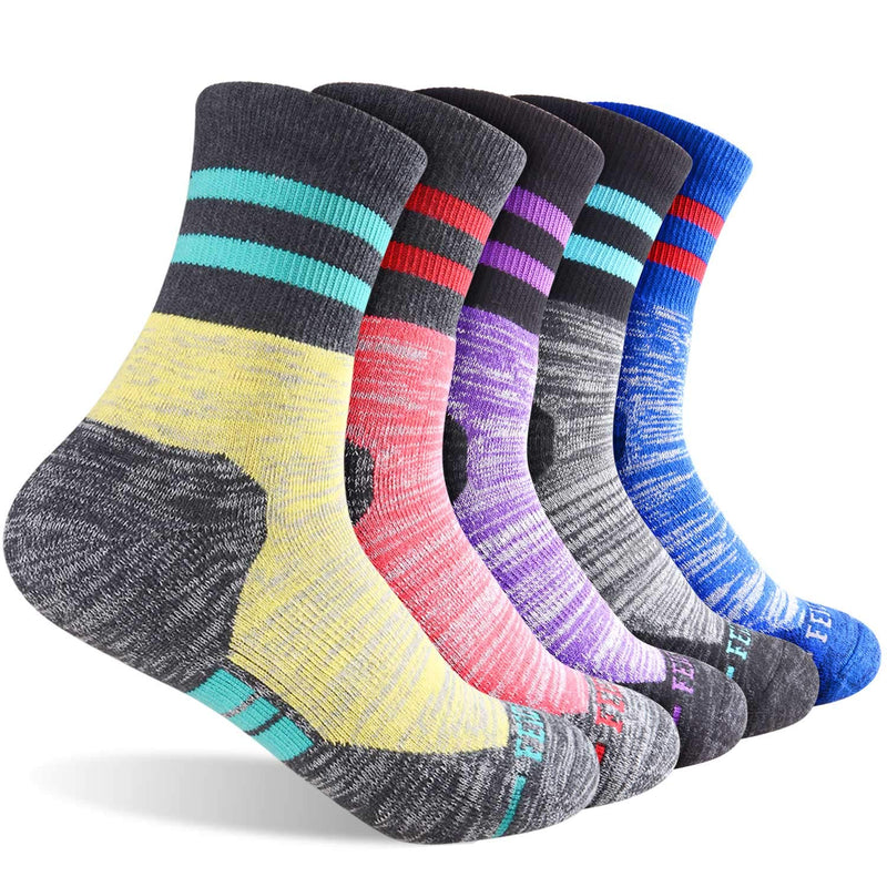 Women's Hiking Walking Socks, FEIDEER Multi-pack Outdoor Recreation Socks Wicking Cushion Crew Socks Blue/Dark Gray/Purple/Light Red/Light Yellow Large - BeesActive Australia