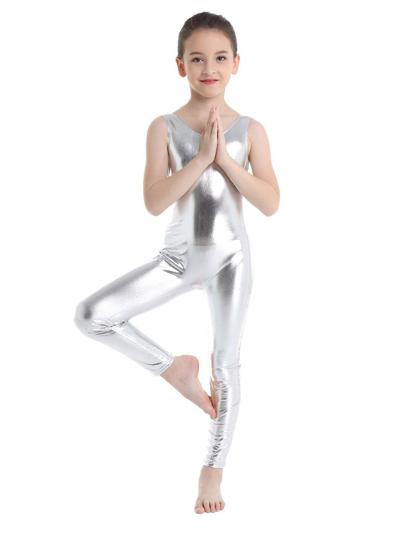 [AUSTRALIA] - inlzdz Kids Boys Girls Metallic Full Body Unitard Gymnastics Leotard Sleeveless Jumpsuit Ballet Tank Dancewear Silver 8-10 
