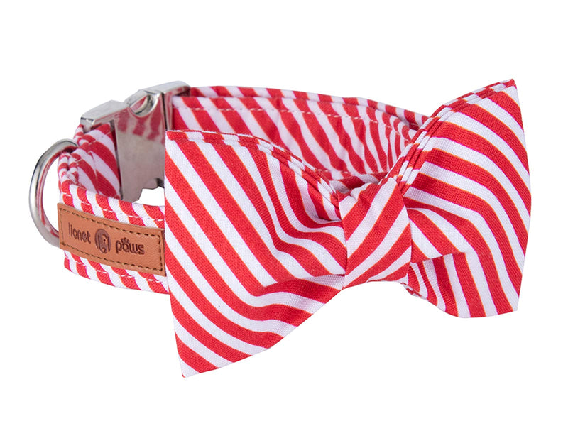 Lionet Paws Christmas Dog Collar with Bowtie Durable Adjustable Handmade Comfortable Bow Tie Dog Collar Cat Collar with Metal Buckle,Party,Festival,Holiday Style Girl Boy Gift Large (Pack of 1) Red&White Stripe - BeesActive Australia