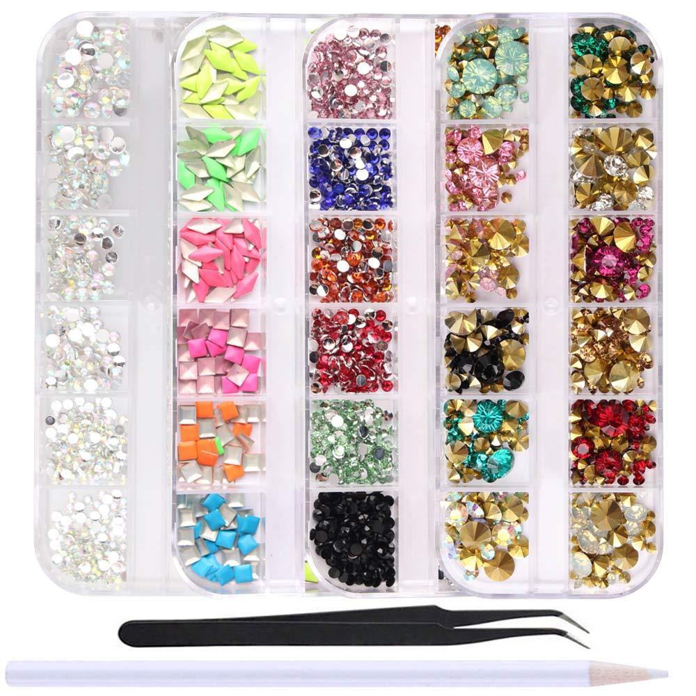 WOKOTO 4 Boxes Colorful Nail Rhinestones Flat Back Square Metal Nail Art Studs Mix-Color Rivet Nail Jewelry Decorations With 1Pc Tweezers And Picker Pencil kit4 - BeesActive Australia