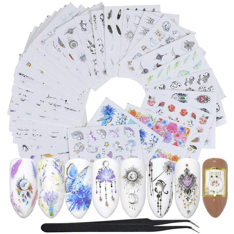 WOKOTO 40 Sheets Water Transfer Nail Art Decals With 1Pcs Tweezers Unicorn Flower Feather Nail Wraps Sticker Manicure Kits For Women KIT 1 - BeesActive Australia