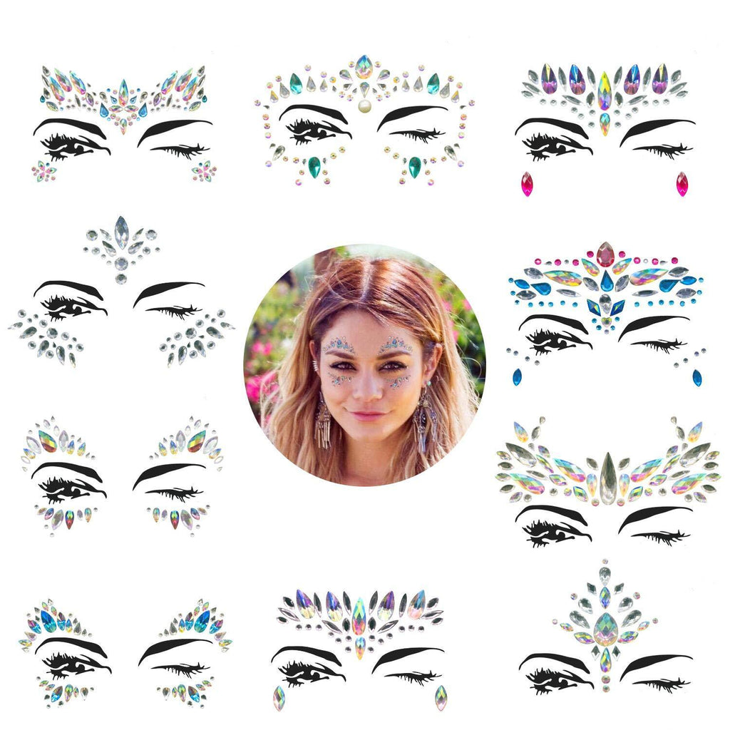 Face Gems, 10 Sets Mermaid Face Jewels Festival Face Gems Rhinestones Rave Eyes Body Bindi Temporary Stickers Crystal Face Stickers Decorations Fit for Festival Party（10 Sets collection） 10 Count (Pack of 1) - BeesActive Australia