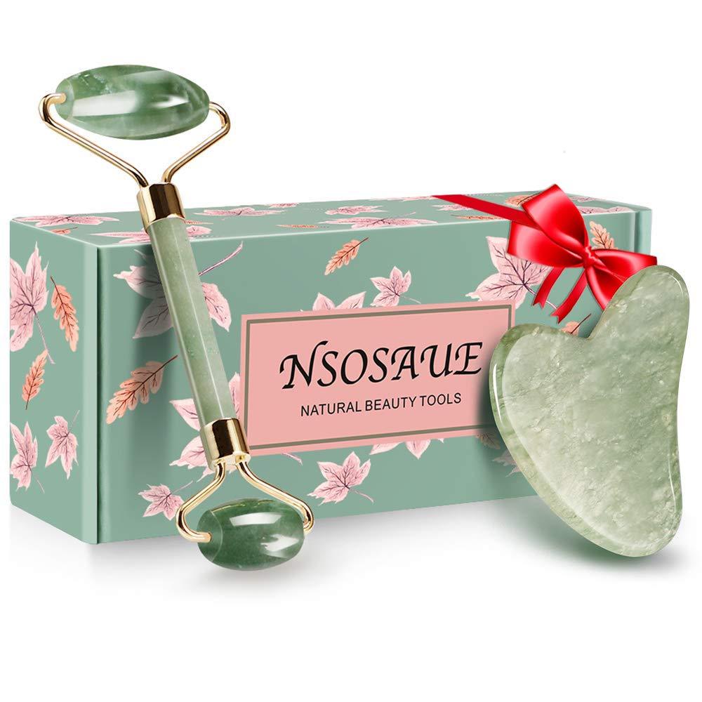 Natural Jade Roller for Face - Face Roller Gua Sha Scrapping - Aging Wrinkles,Puffiness Facial Skin Massager - Premium Authentic Jade Stone (Jade Roller&Guasha Set) - BeesActive Australia