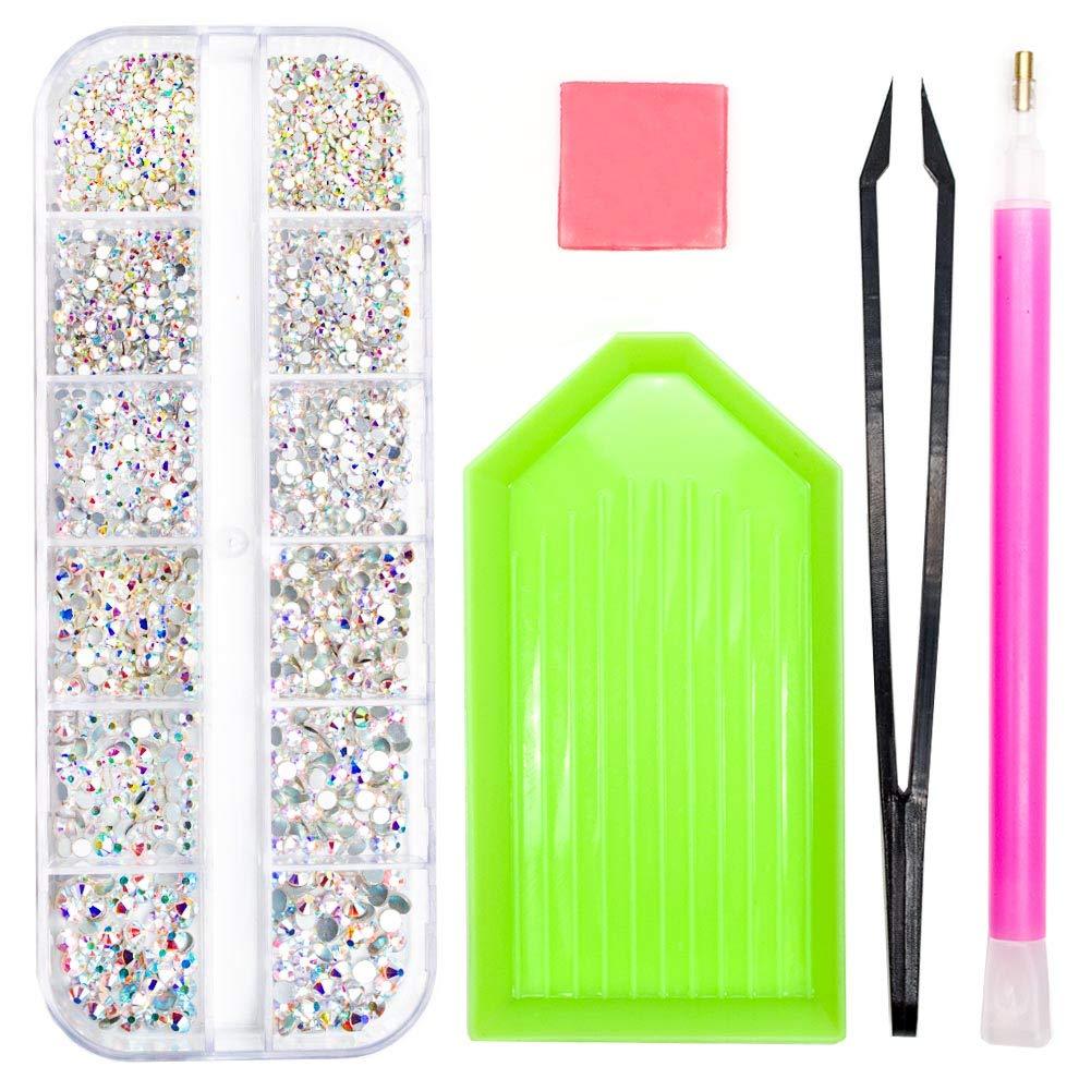 2320 Pieces Crystals Glass AB Nail Art Rhinestones, SS4/5/6/8/10/12 Mixed Nail Gems Stones, Flat Back Round Nail Diamonds with Storage Organizer Box/Picker Pencil/Tweezers for Face Clothes Shoes Decor - BeesActive Australia