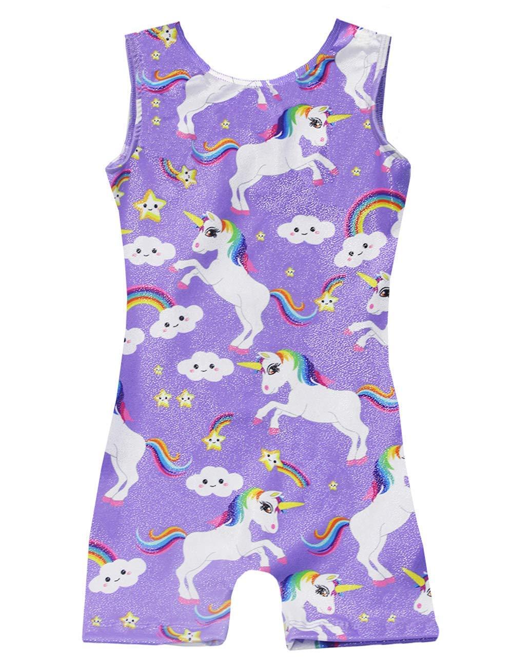 [AUSTRALIA] - Leotards for Girls Gymnastics Kids Children Biketard With Shorts Sparkly Unicorn Dance Unitards（Multiple Colors） Purple-unicorn 130(6-7Y) 